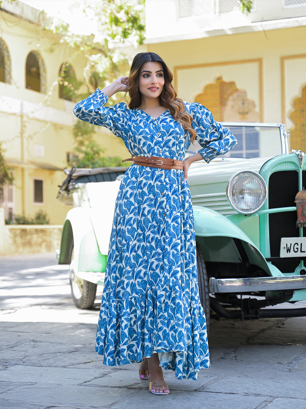 Noe Velarro Blue Floral Print Rayon Fabric Flared Long Dress