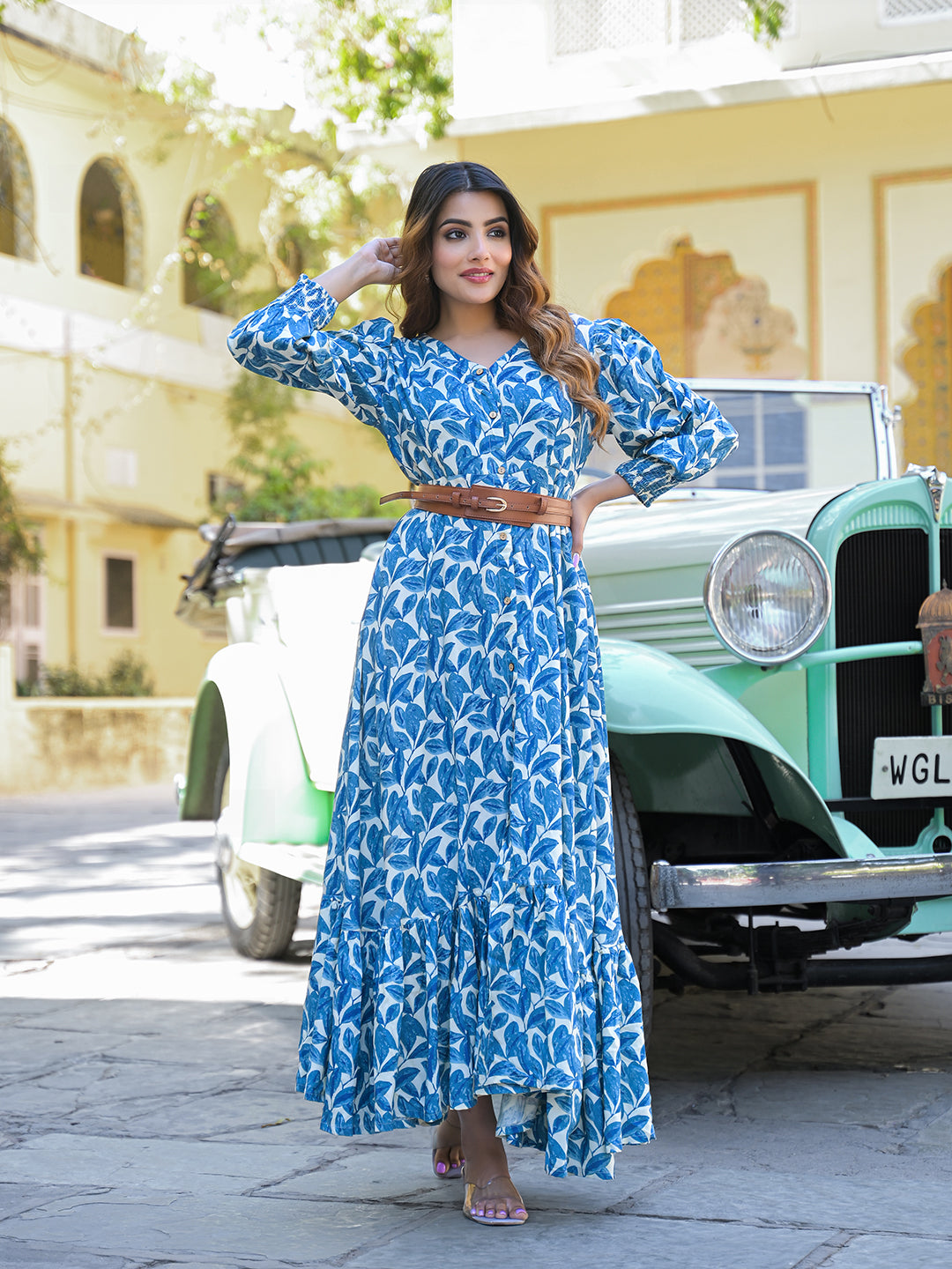 Noe Velarro Blue Floral Print Rayon Fabric Flared Long Dress