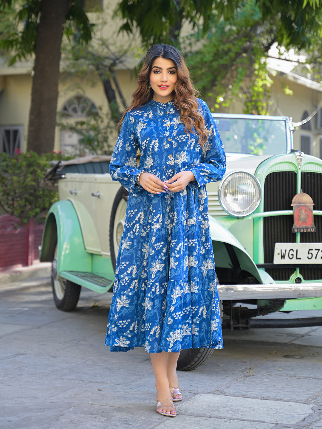 Noe Velarro Blue Floral Print Cotton Fabric Flared Dress