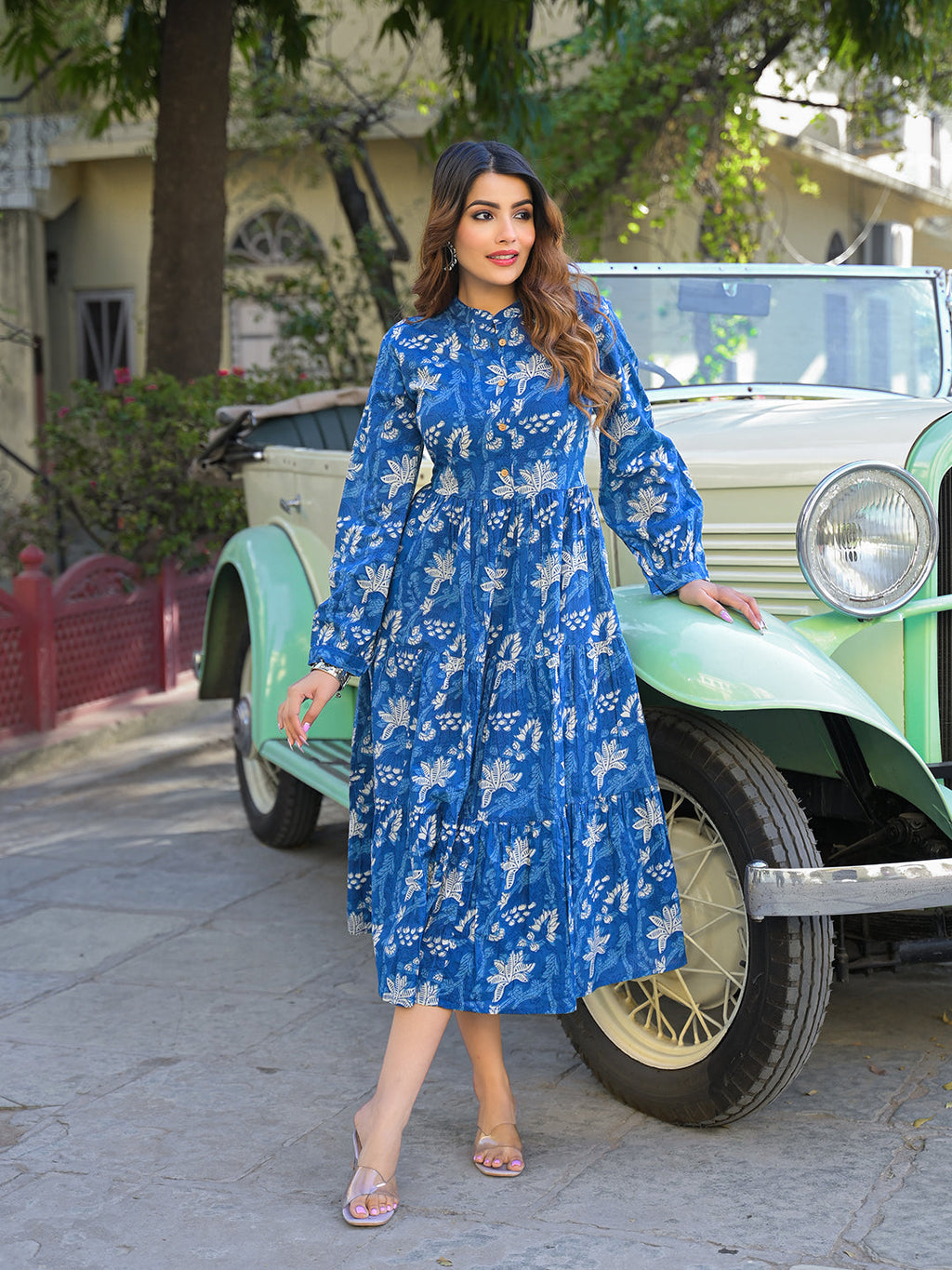 Noe Velarro Blue Floral Print Cotton Fabric Flared Dress