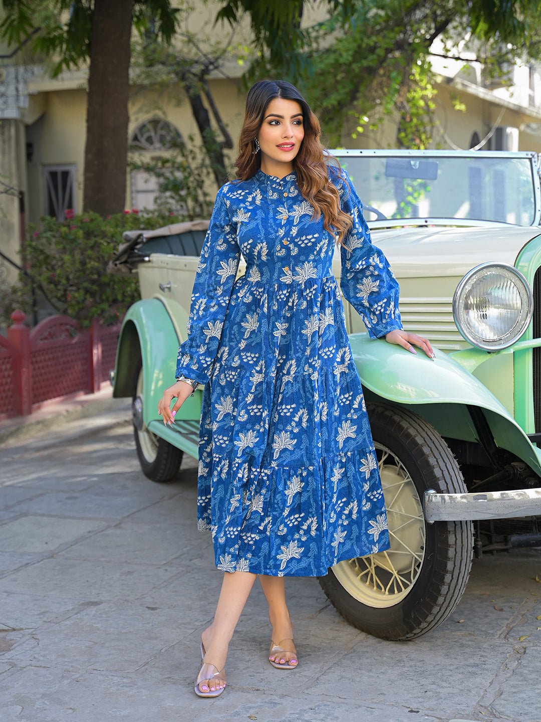 Noe Velarro Blue Floral Print Cotton Fabric Flared Dress