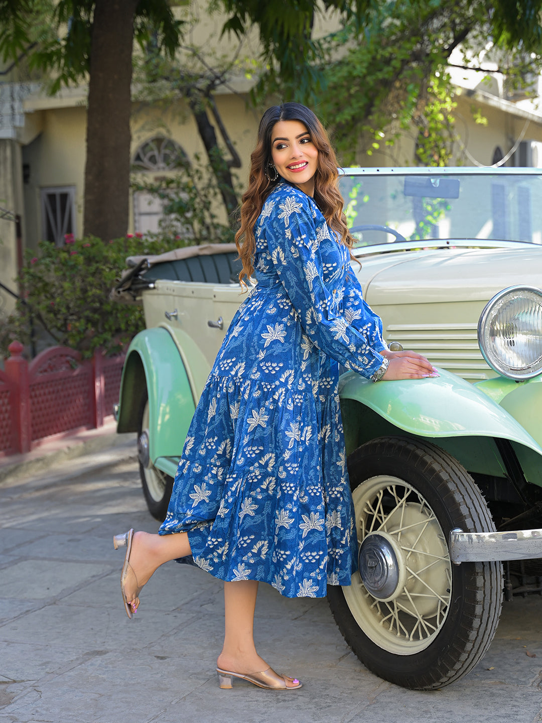 Noe Velarro Blue Floral Print Cotton Fabric Flared Dress