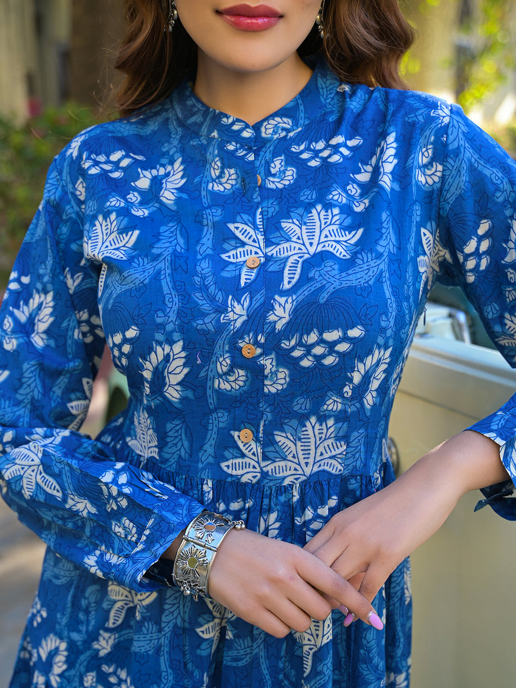 Noe Velarro Blue Floral Print Cotton Fabric Flared Dress