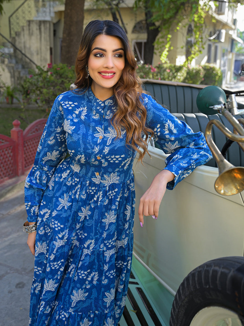 Noe Velarro Blue Floral Print Cotton Fabric Flared Dress