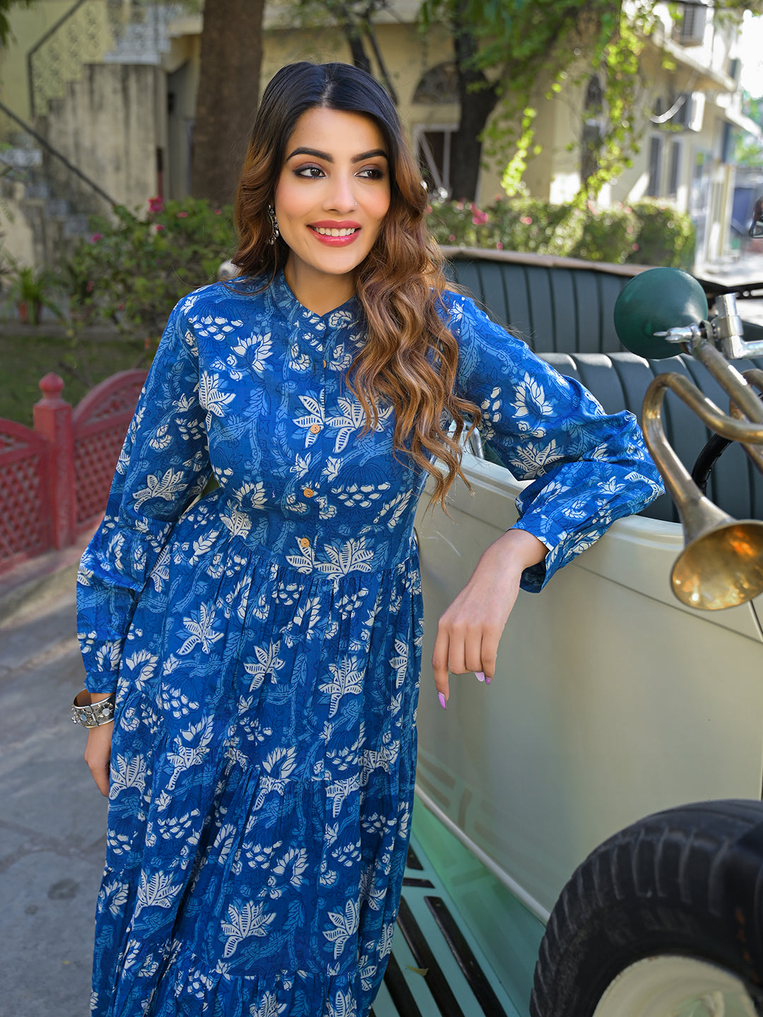 Noe Velarro Blue Floral Print Cotton Fabric Flared Dress