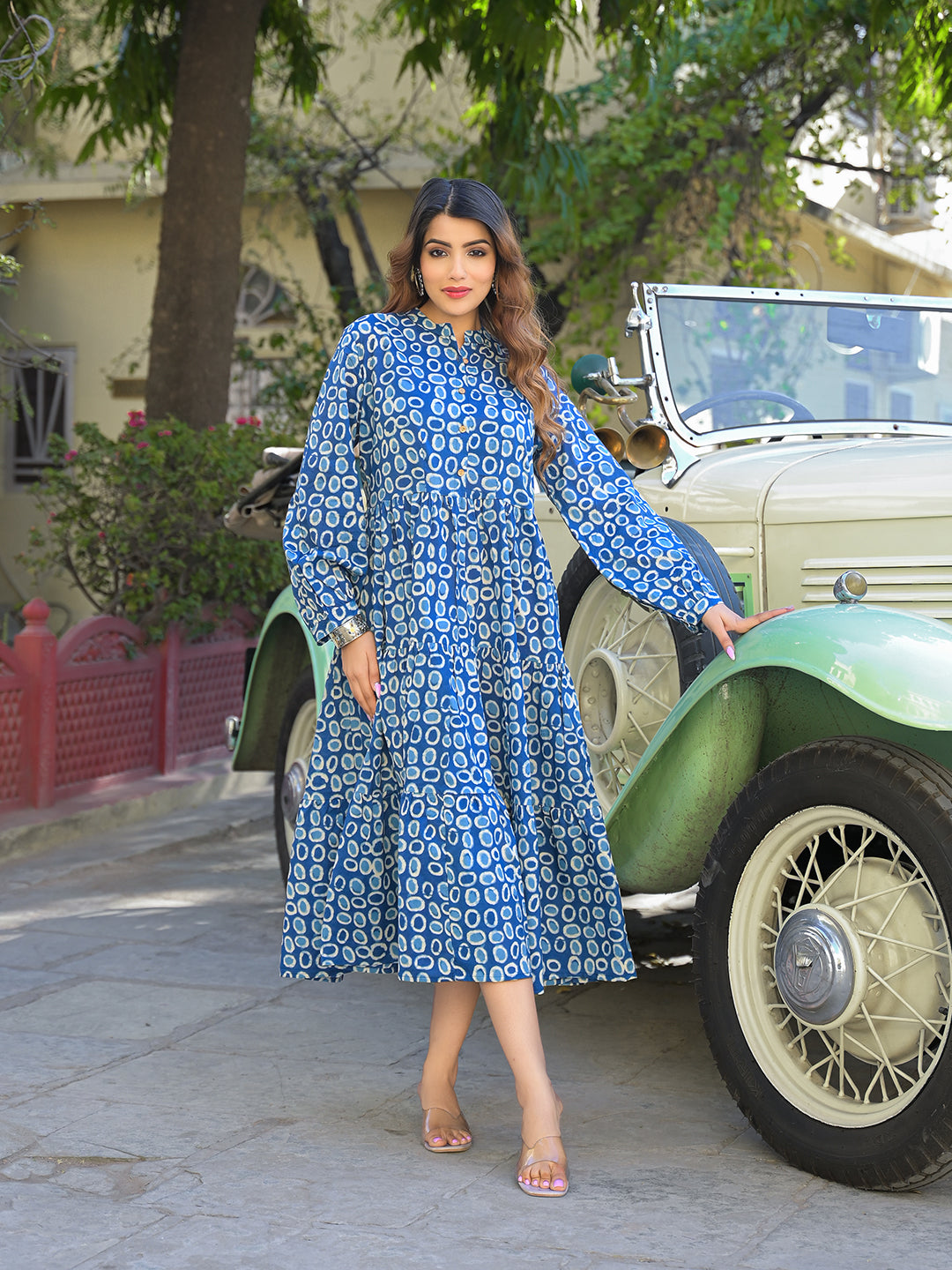 Noe Velarro Blue Floral Print Cotton Fabric Fit Flared Dress
