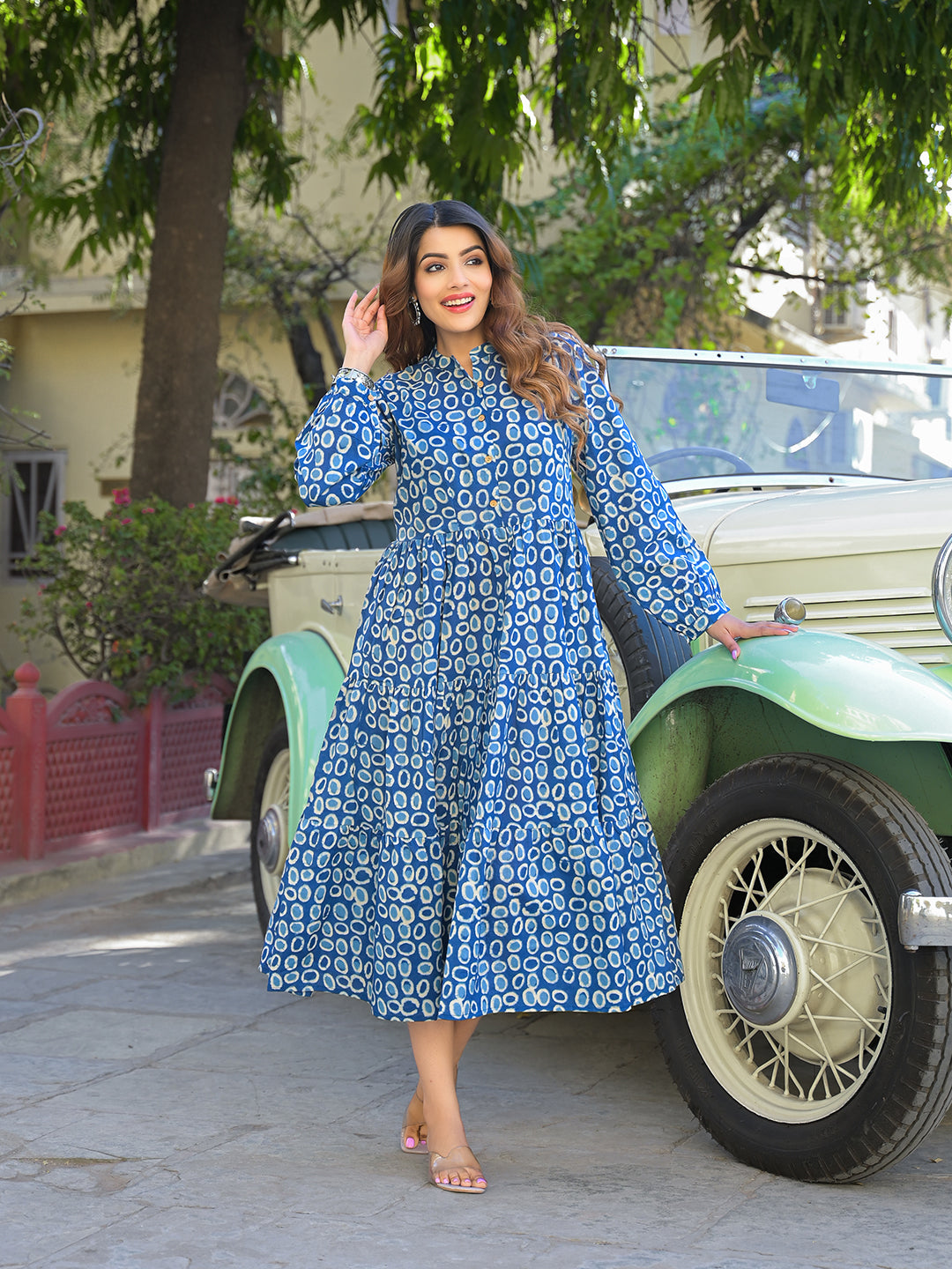 Noe Velarro Blue Floral Print Cotton Fabric Fit Flared Dress