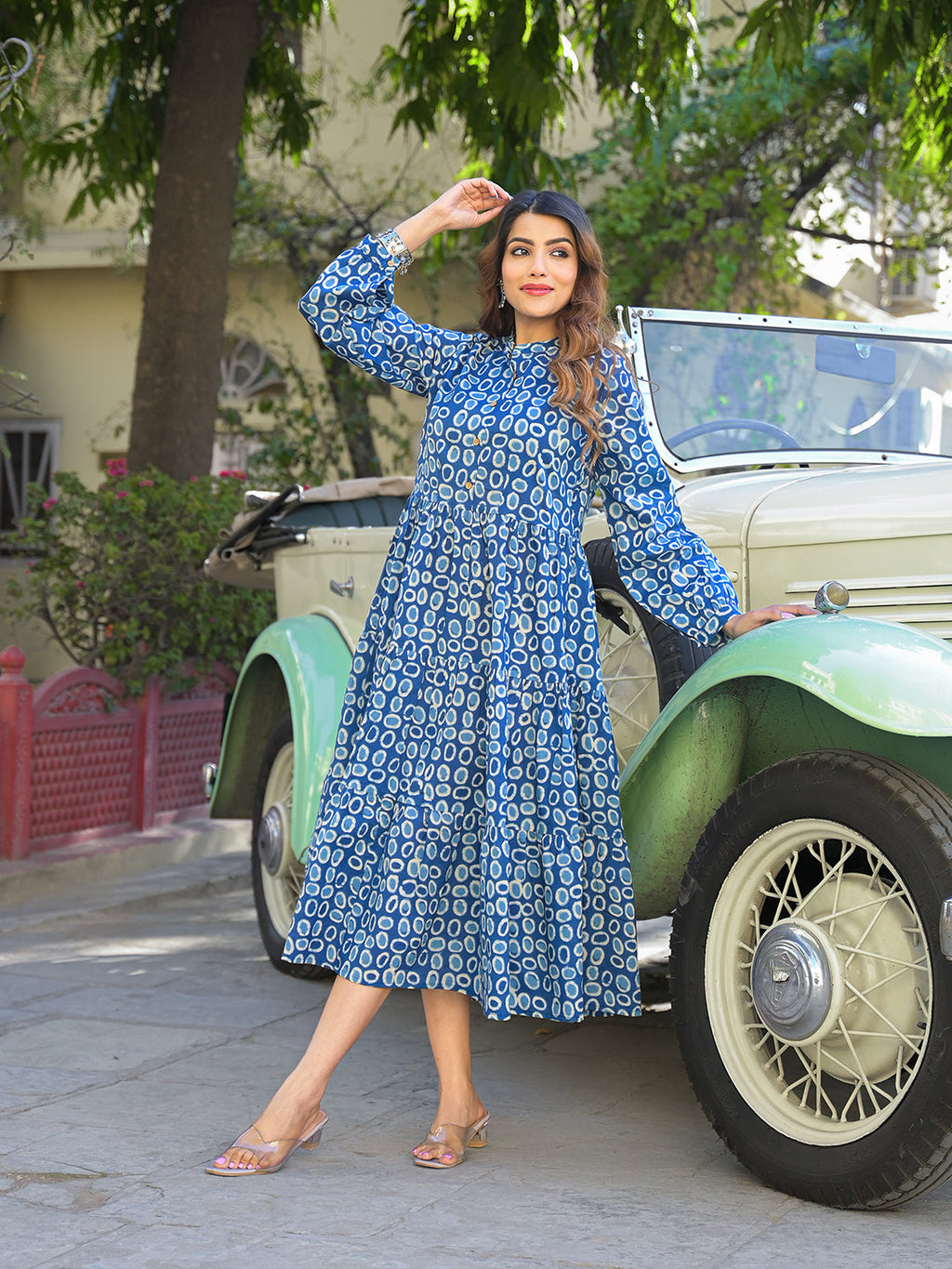 Noe Velarro Blue Floral Print Cotton Fabric Fit Flared Dress