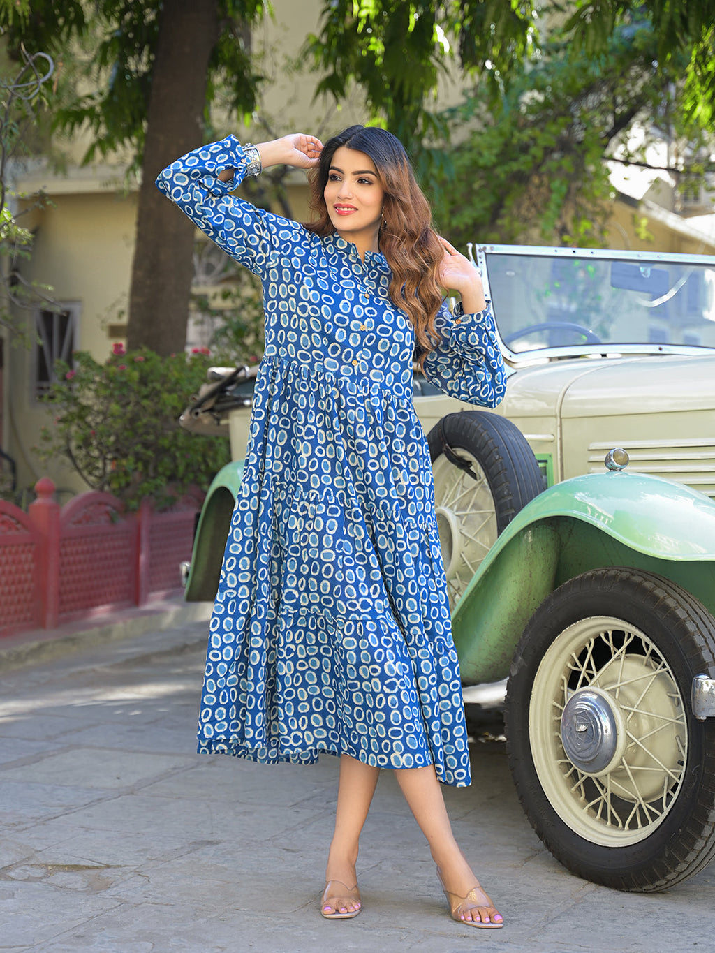 Noe Velarro Blue Floral Print Cotton Fabric Fit Flared Dress