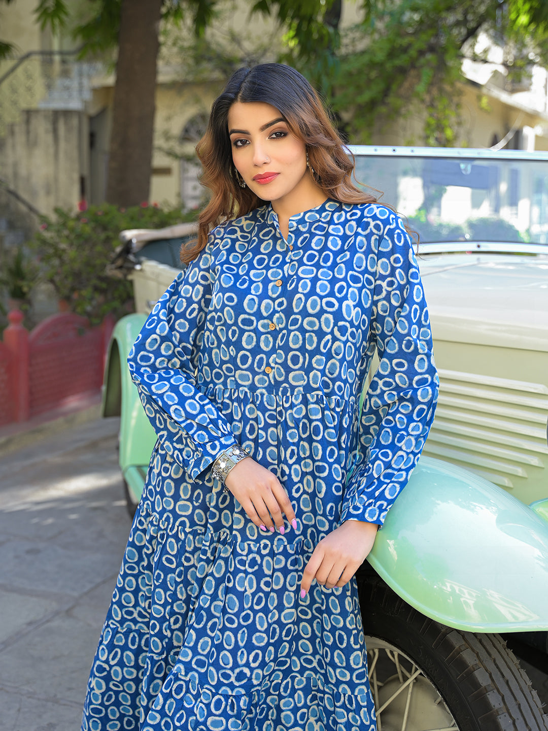 Noe Velarro Blue Floral Print Cotton Fabric Fit Flared Dress