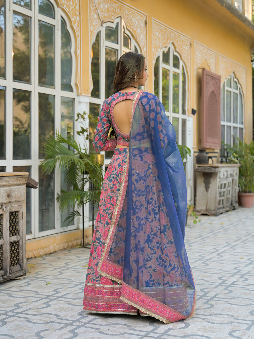 Noe Velarro Blue Printed Cotton Lehenga with Choli and Dupatta