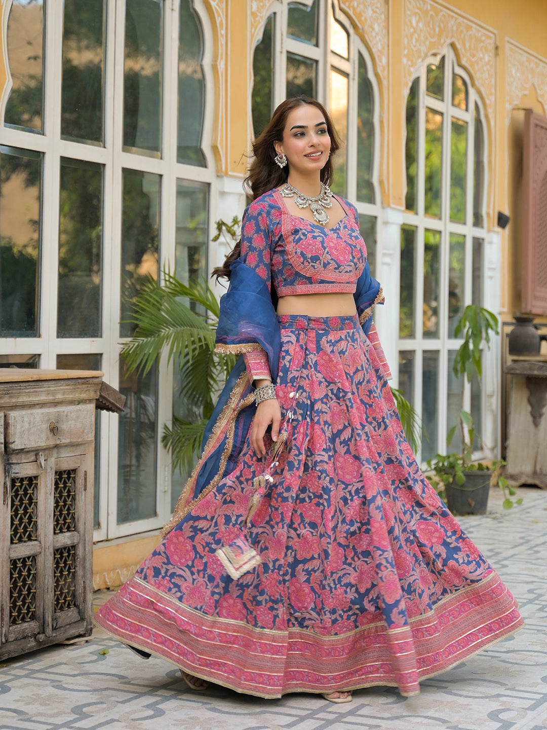 Noe Velarro Blue Printed Cotton Lehenga with Choli and Dupatta