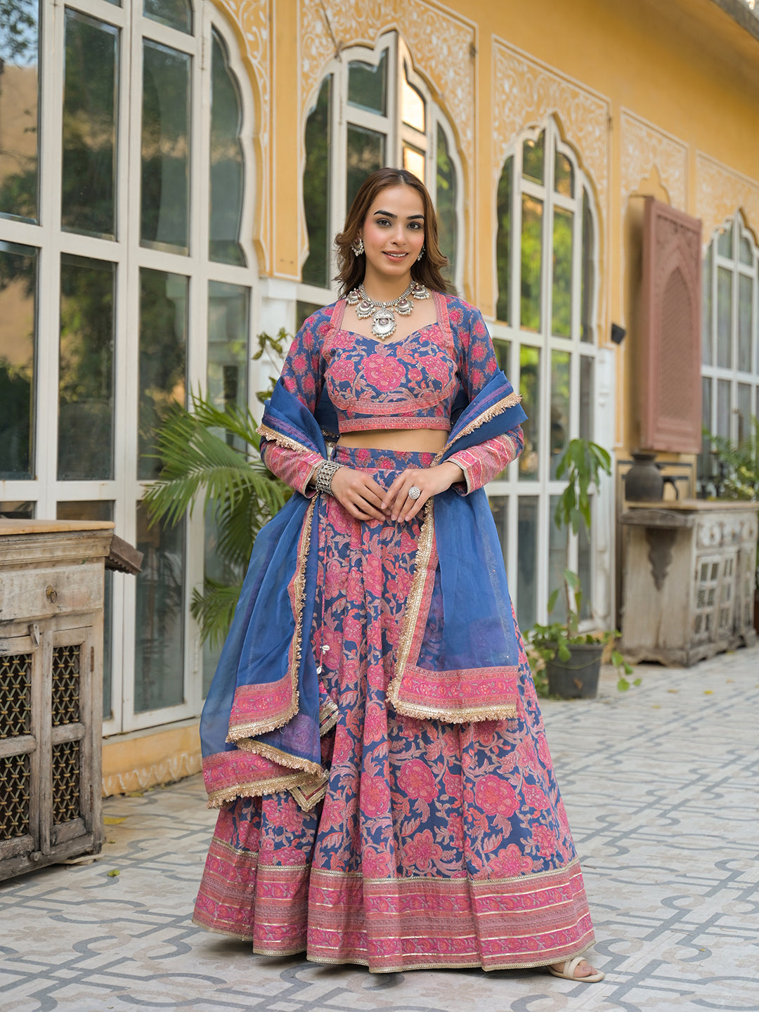 Noe Velarro Blue Printed Cotton Lehenga with Choli and Dupatta