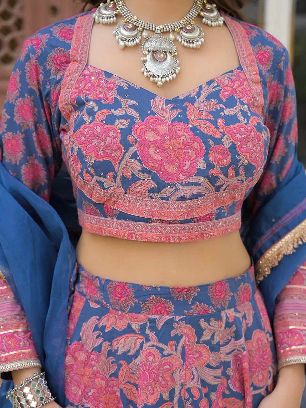 Noe Velarro Blue Printed Cotton Lehenga with Choli and Dupatta