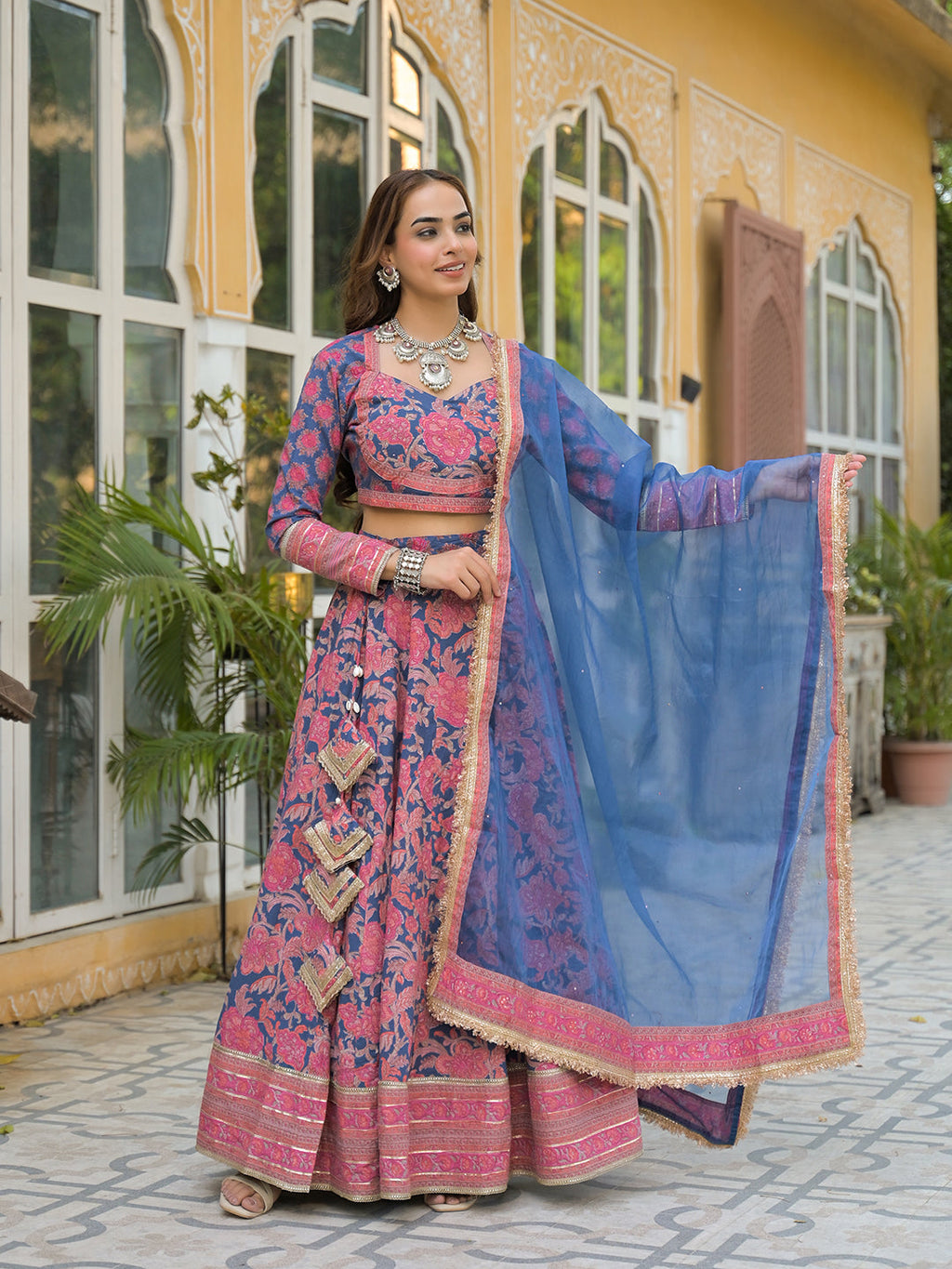 Noe Velarro Blue Printed Cotton Lehenga with Choli and Dupatta