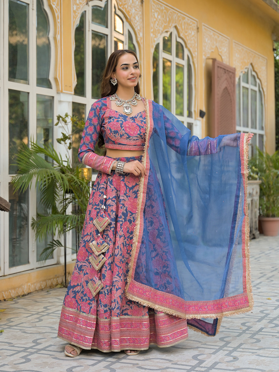 Noe Velarro Blue Printed Cotton Lehenga with Choli and Dupatta