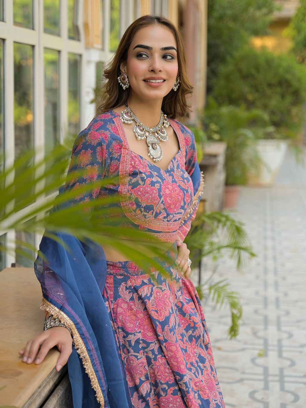Noe Velarro Blue Printed Cotton Lehenga with Choli and Dupatta