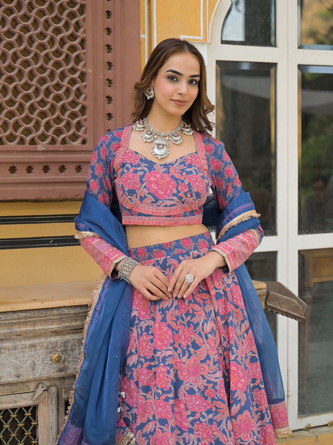 Noe Velarro Blue Printed Cotton Lehenga with Choli and Dupatta