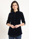 Noe Velarro Navy Blue Solid Print Velvet Top