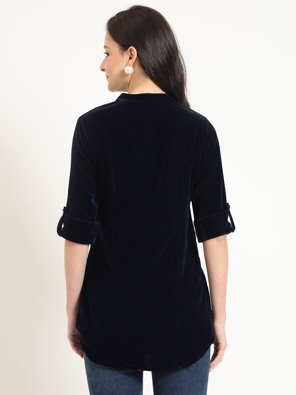 Noe Velarro Navy Blue Solid Print Velvet Top