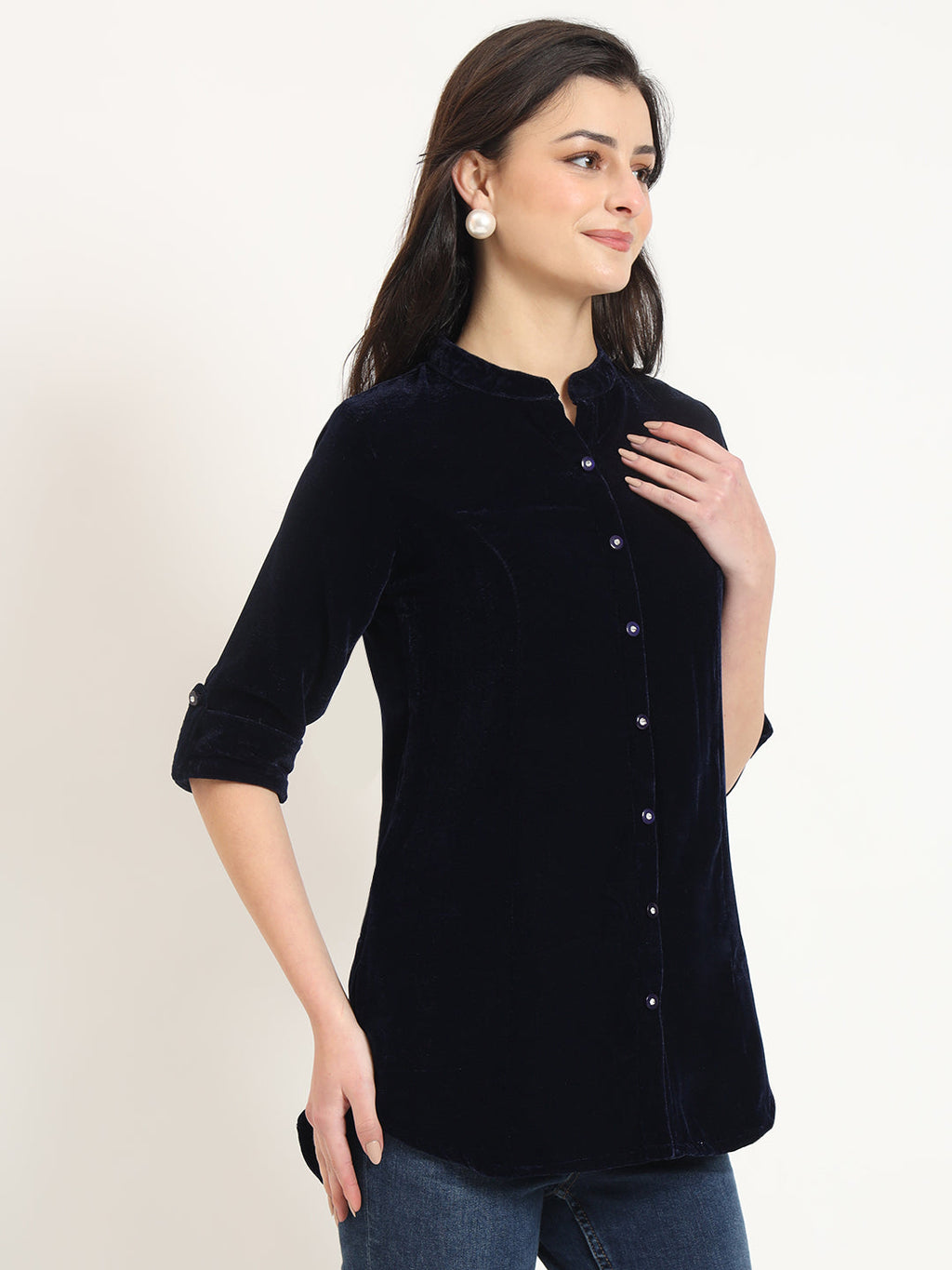 Noe Velarro Navy Blue Solid Print Velvet Top