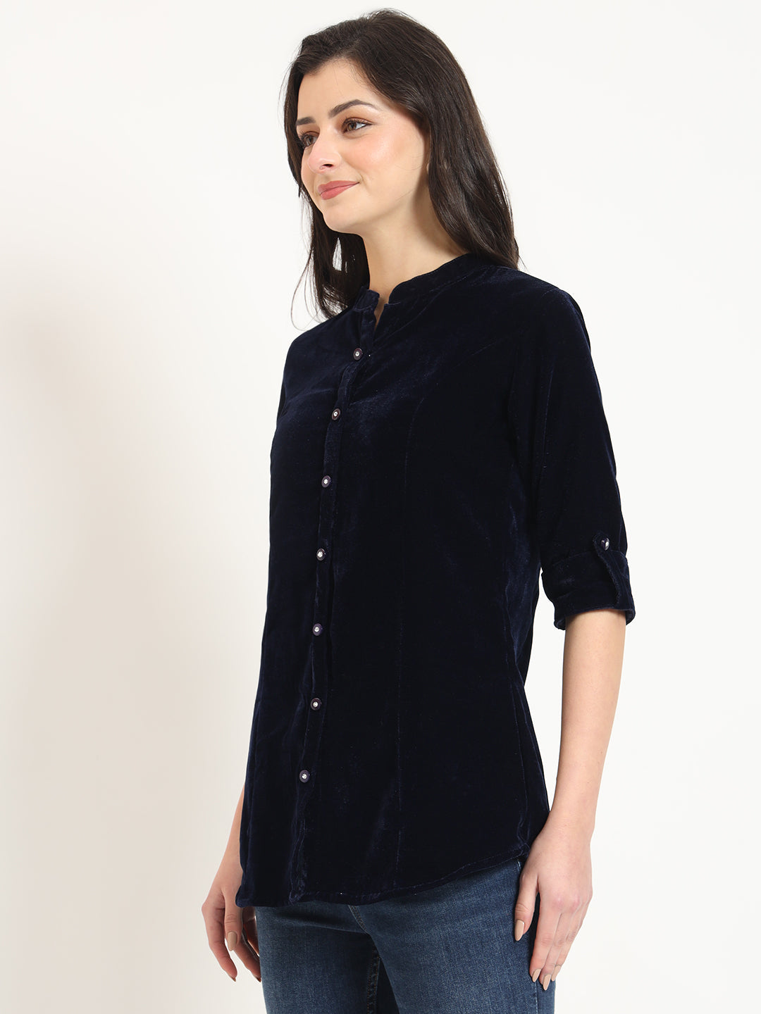 Noe Velarro Navy Blue Solid Print Velvet Top