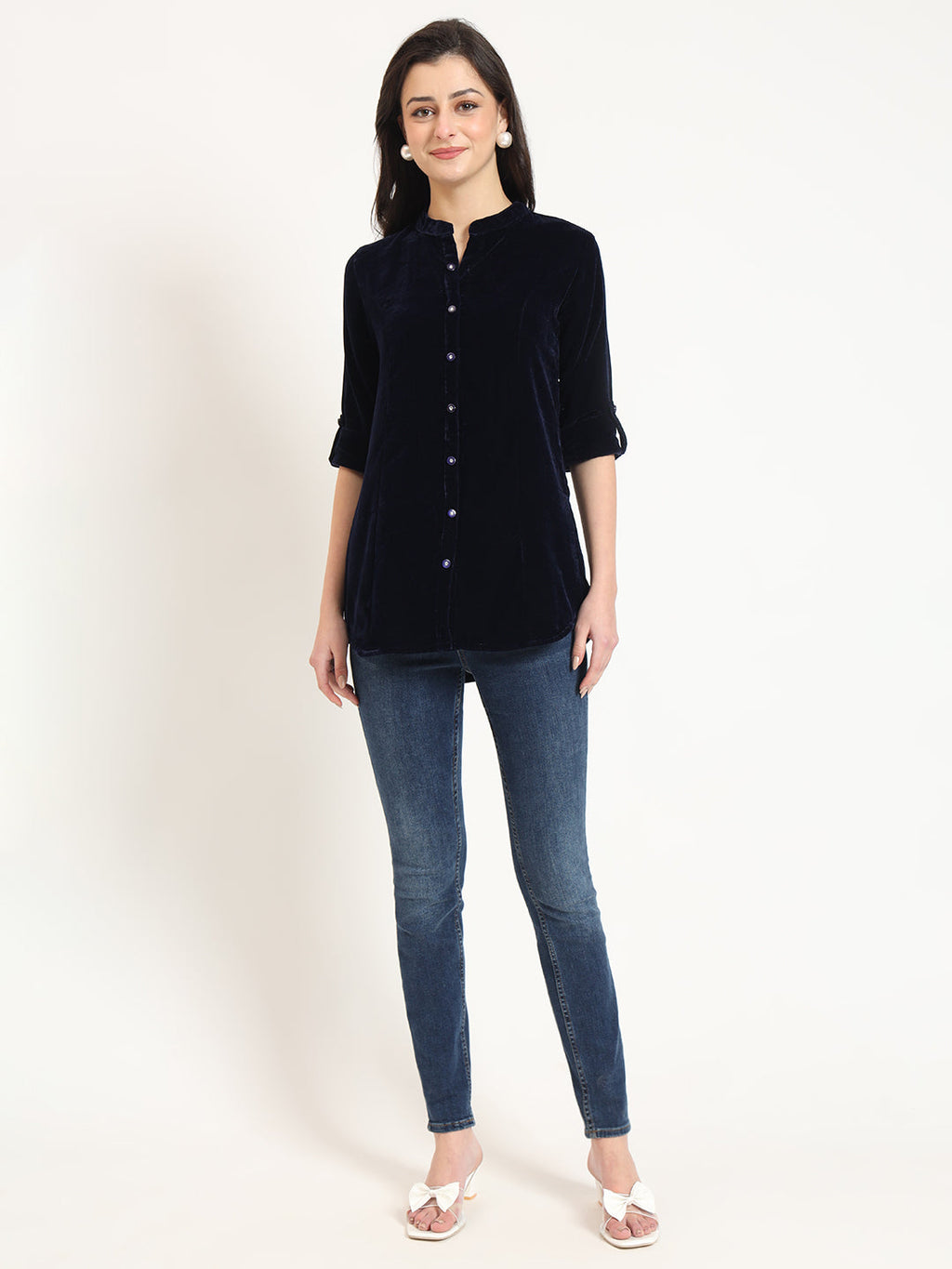 Noe Velarro Navy Blue Solid Print Velvet Top