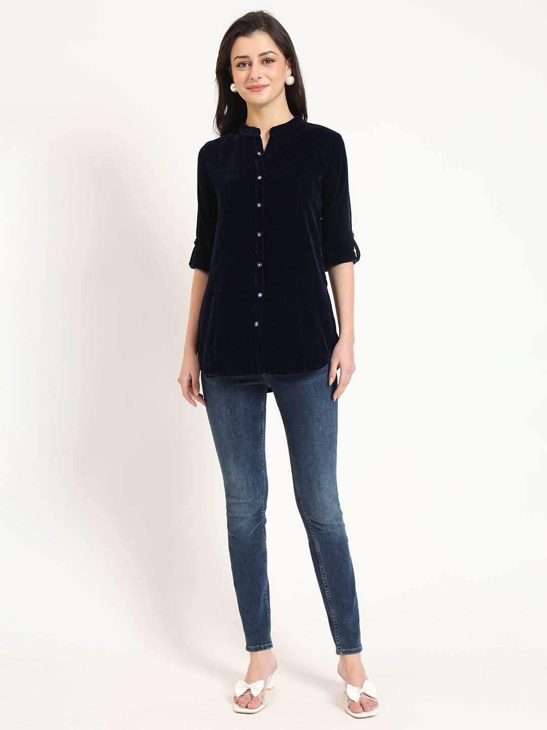 Noe Velarro Navy Blue Solid Print Velvet Top