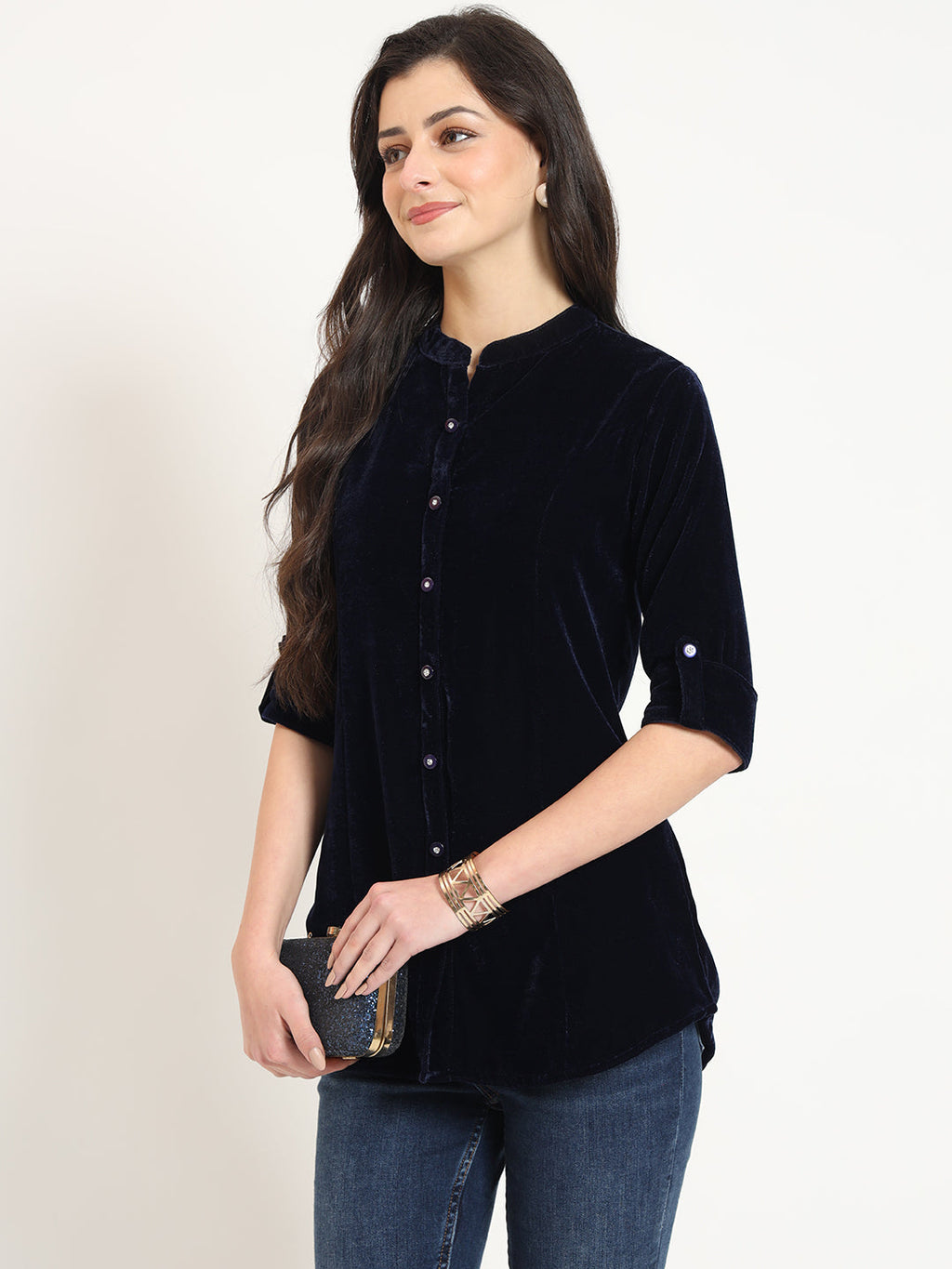 Noe Velarro Navy Blue Solid Print Velvet Top