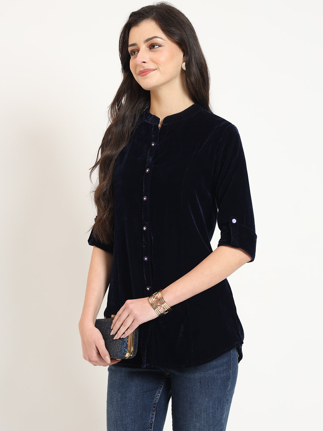 Noe Velarro Navy Blue Solid Print Velvet Top