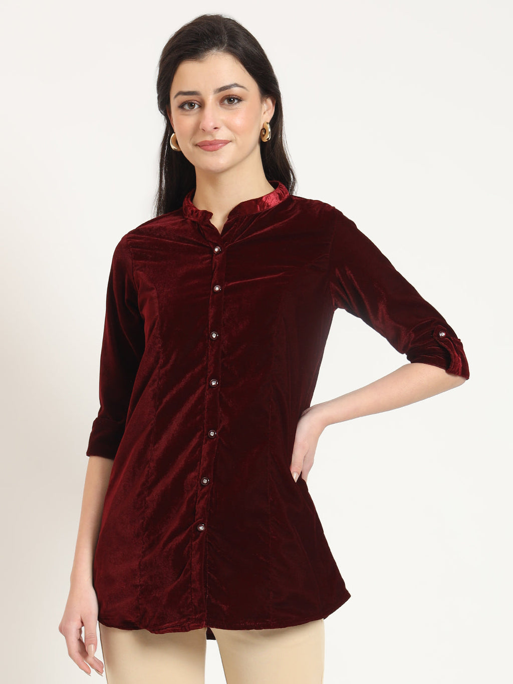 Noe Velarro Maroon Solid Print Velvet Straight Top