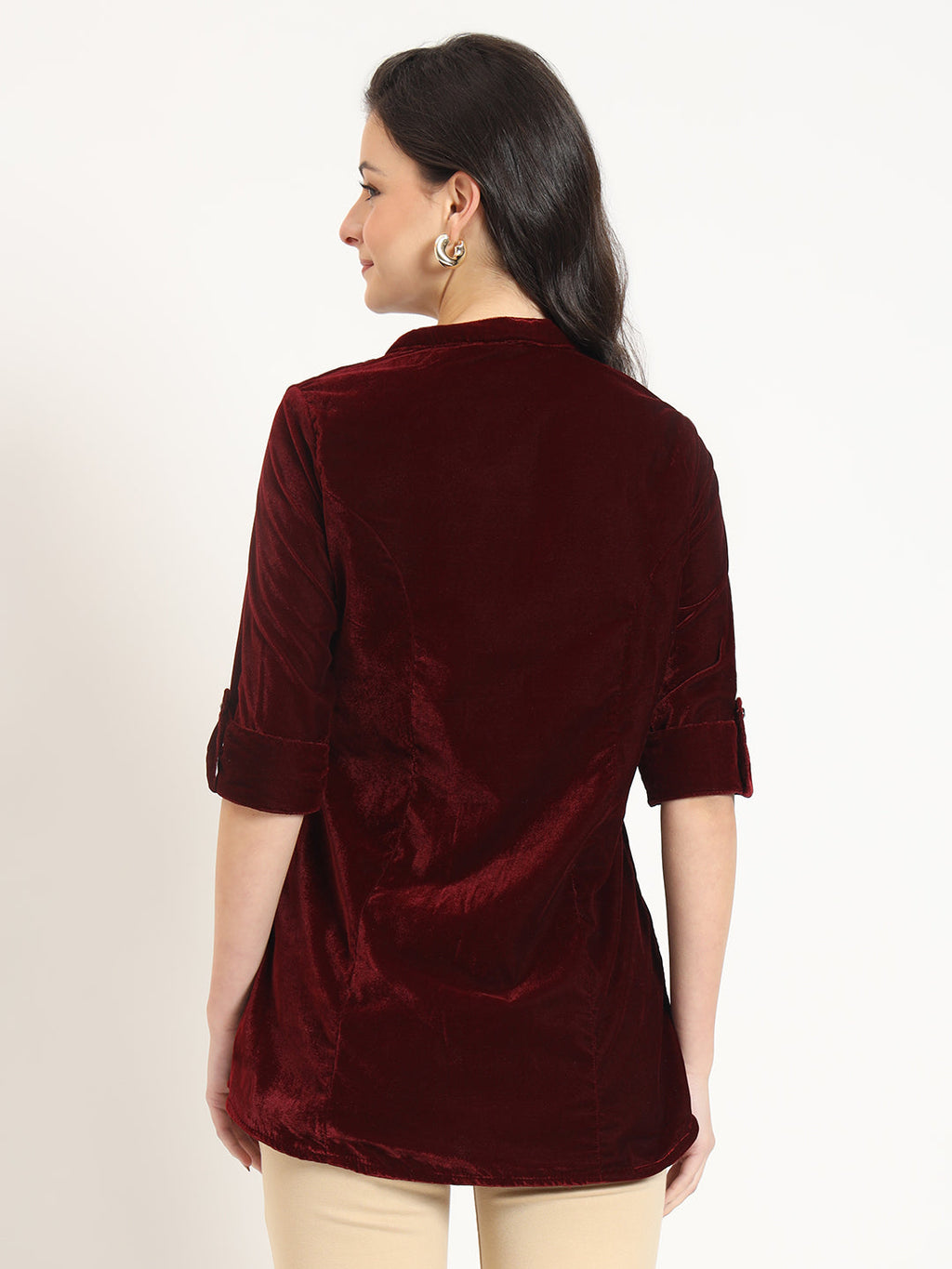 Noe Velarro Maroon Solid Print Velvet Straight Top