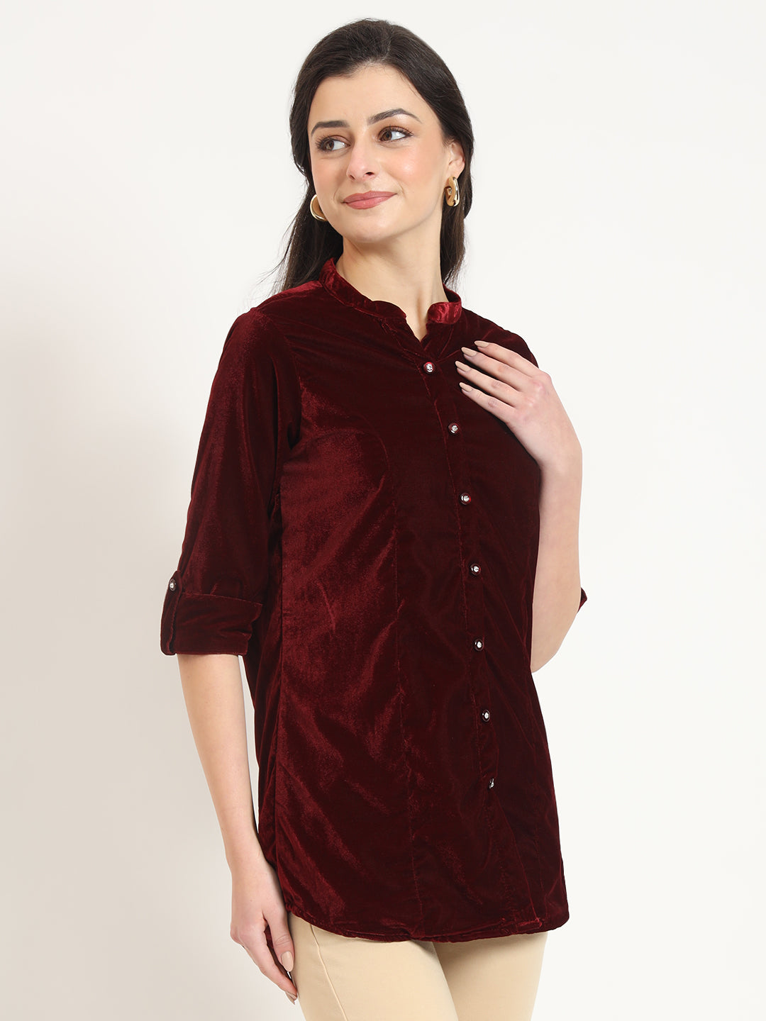 Noe Velarro Maroon Solid Print Velvet Straight Top