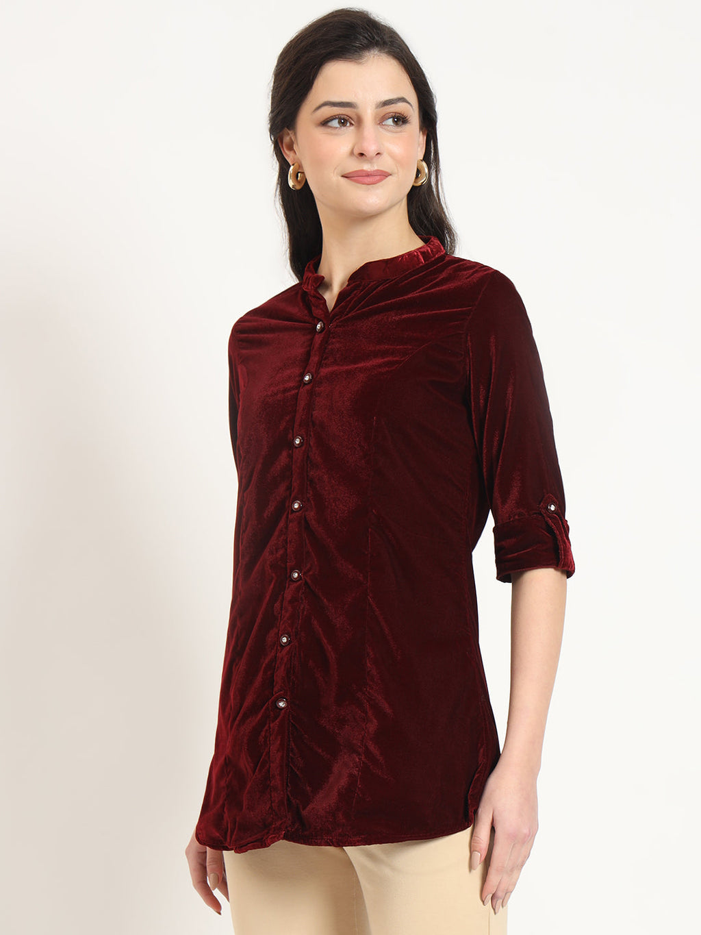 Noe Velarro Maroon Solid Print Velvet Straight Top