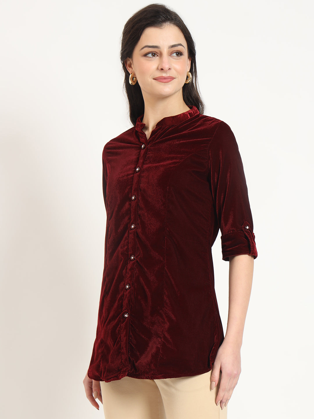 Noe Velarro Maroon Solid Print Velvet Straight Top