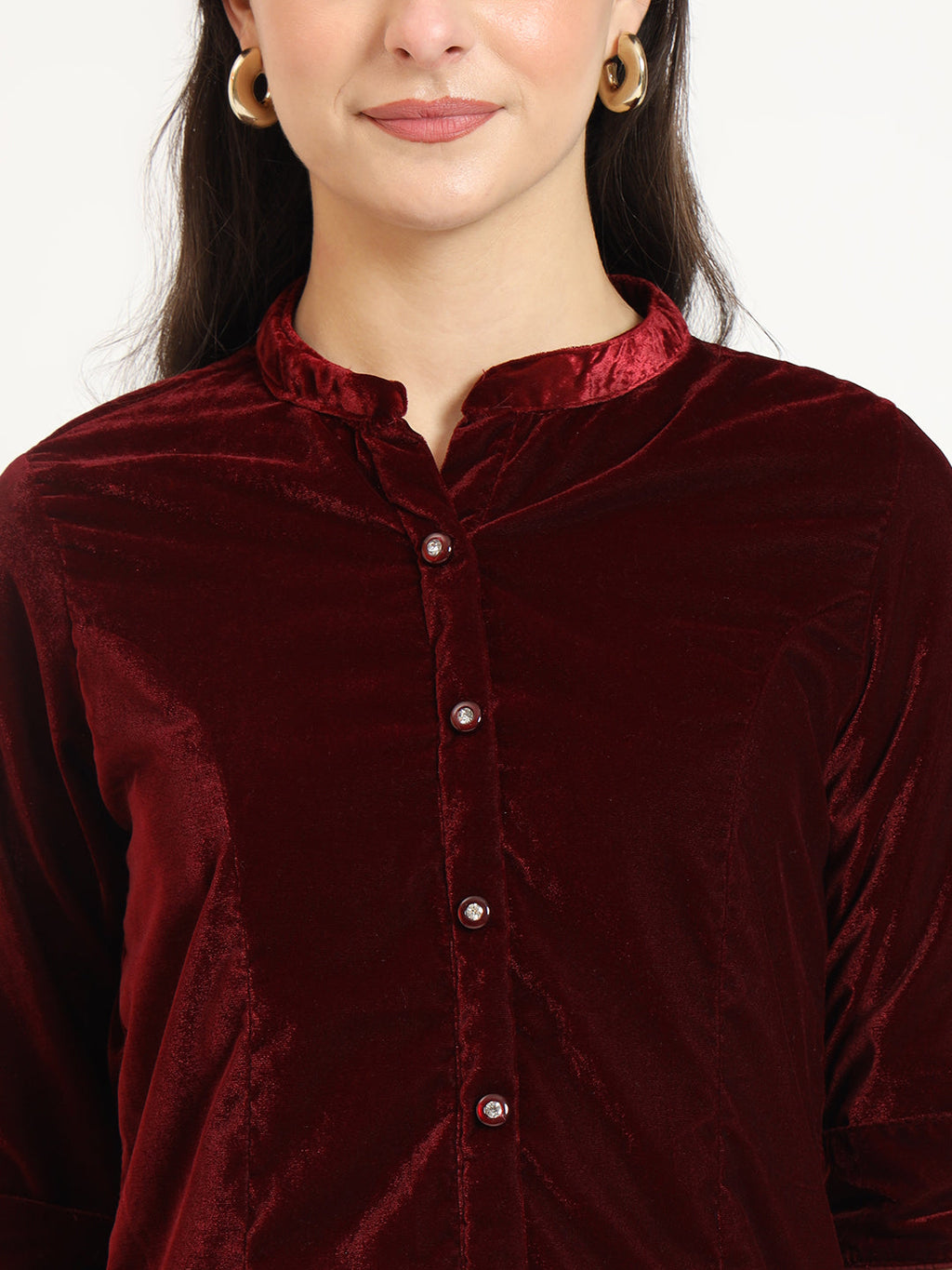 Noe Velarro Maroon Solid Print Velvet Straight Top