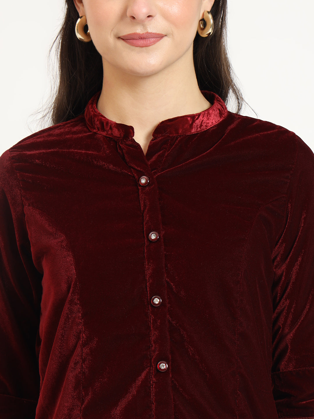 Noe Velarro Maroon Solid Print Velvet Straight Top