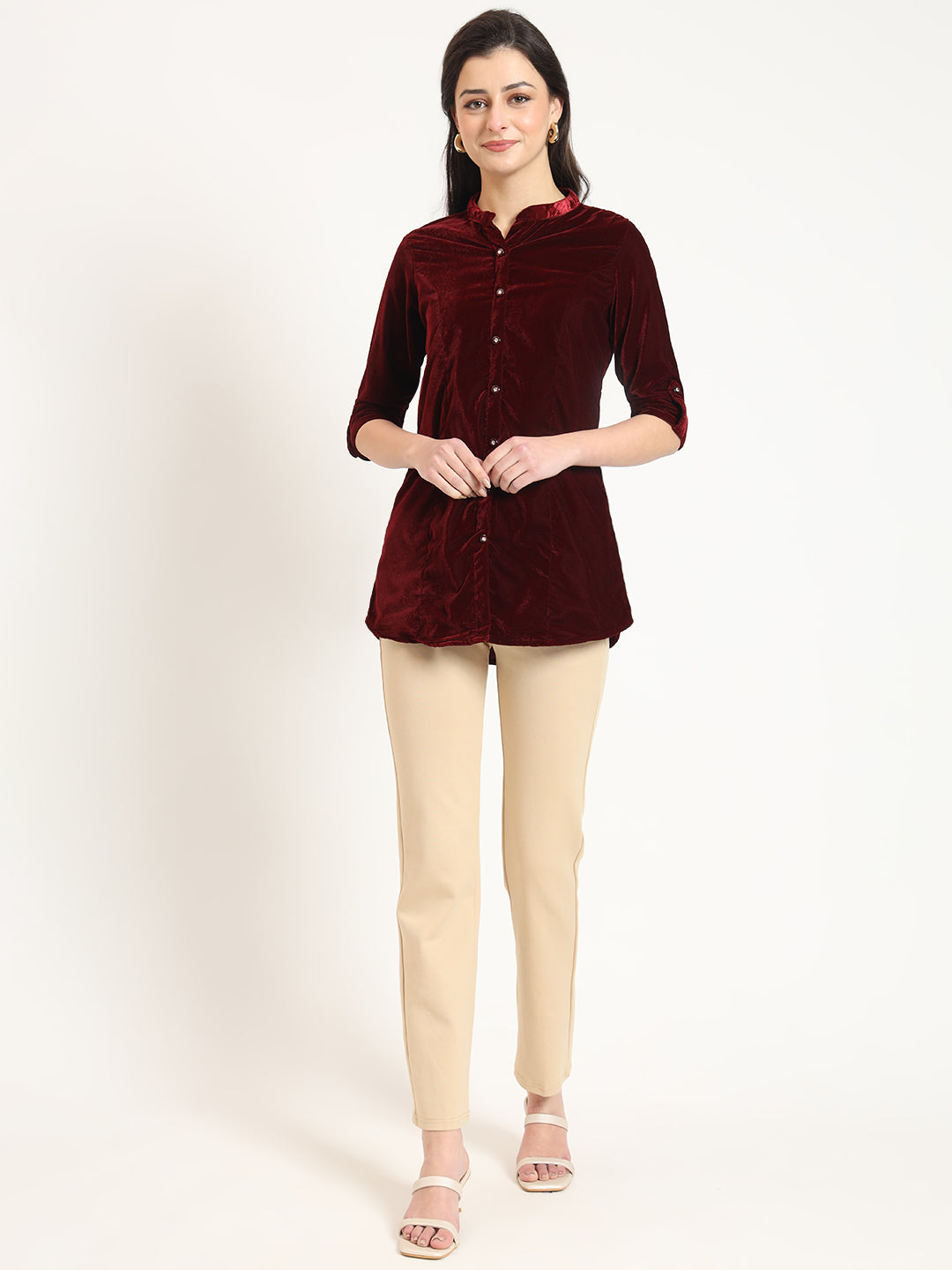 Noe Velarro Maroon Solid Print Velvet Straight Top