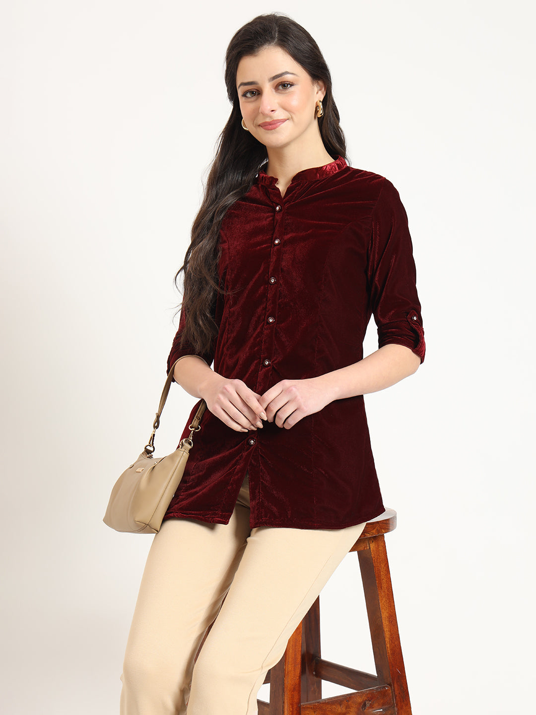 Noe Velarro Maroon Solid Print Velvet Straight Top