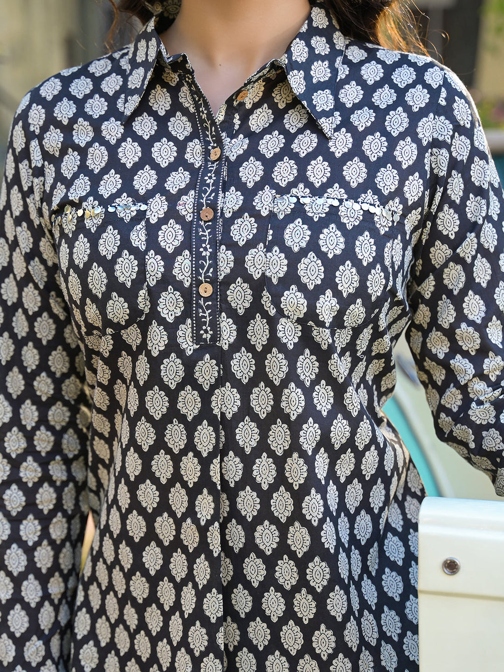 Noe Velarro Black Ethnic Printed Cotton Fabric Shirt Kurta With Trouser