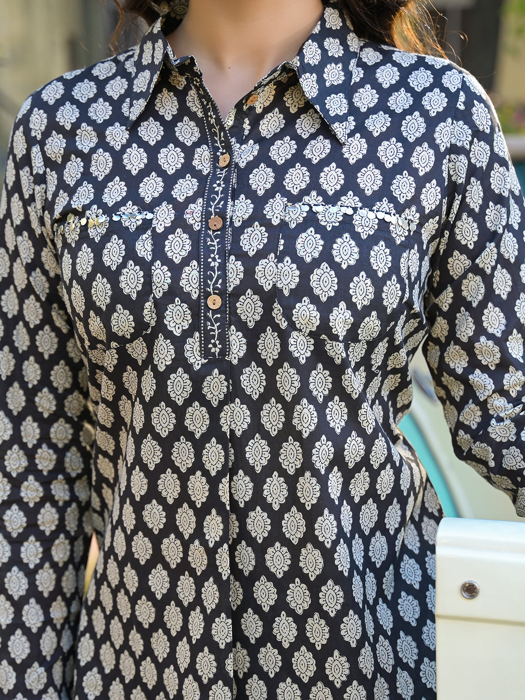 Noe Velarro Black Ethnic Printed Cotton Fabric Shirt Kurta With Trouser