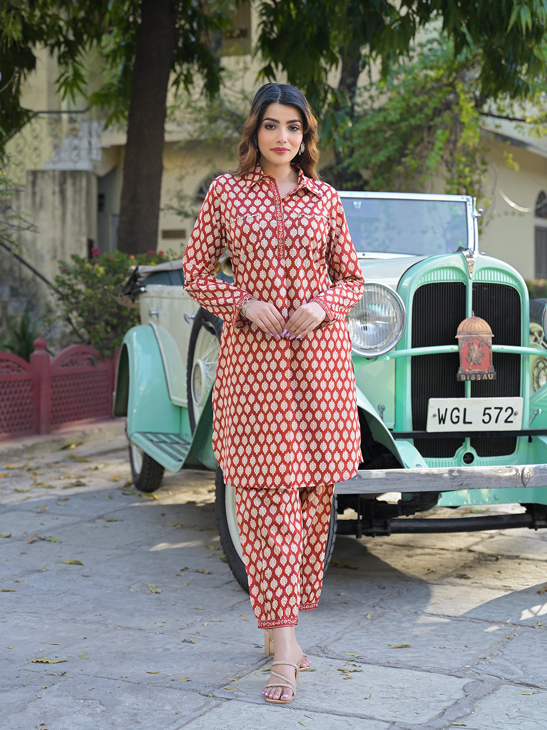 Noe Velarro Red Ethnic Printed Cotton Fabric Shirt Kurta With Trouser