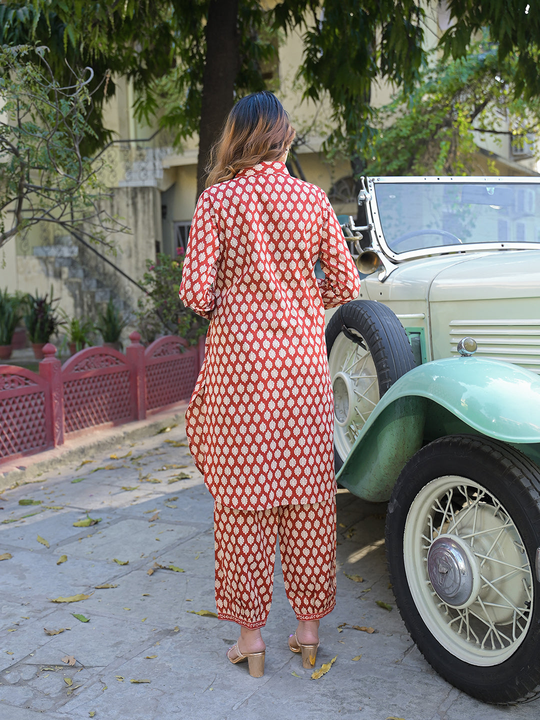 Noe Velarro Red Ethnic Printed Cotton Fabric Shirt Kurta With Trouser