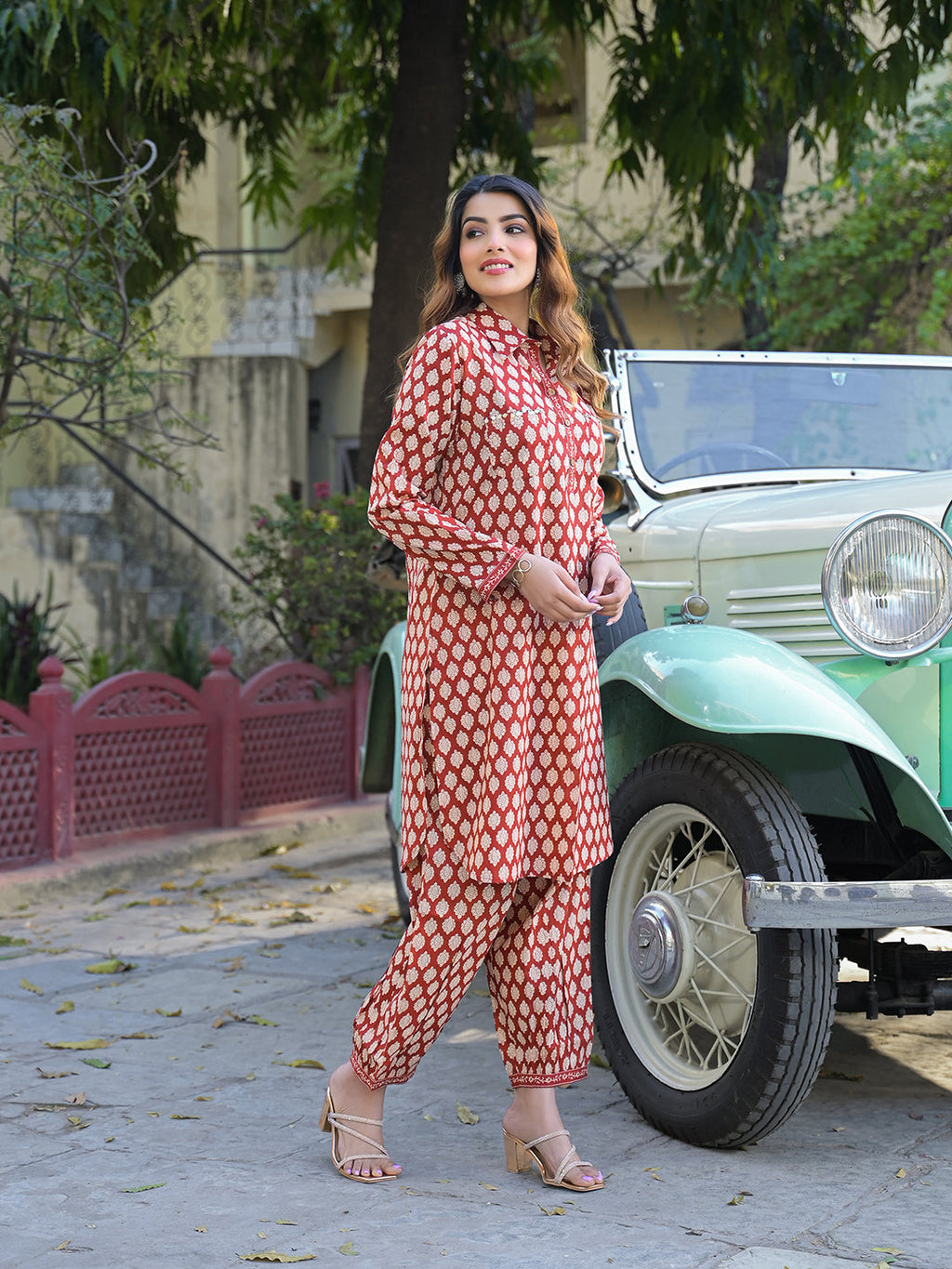 Noe Velarro Red Ethnic Printed Cotton Fabric Shirt Kurta With Trouser