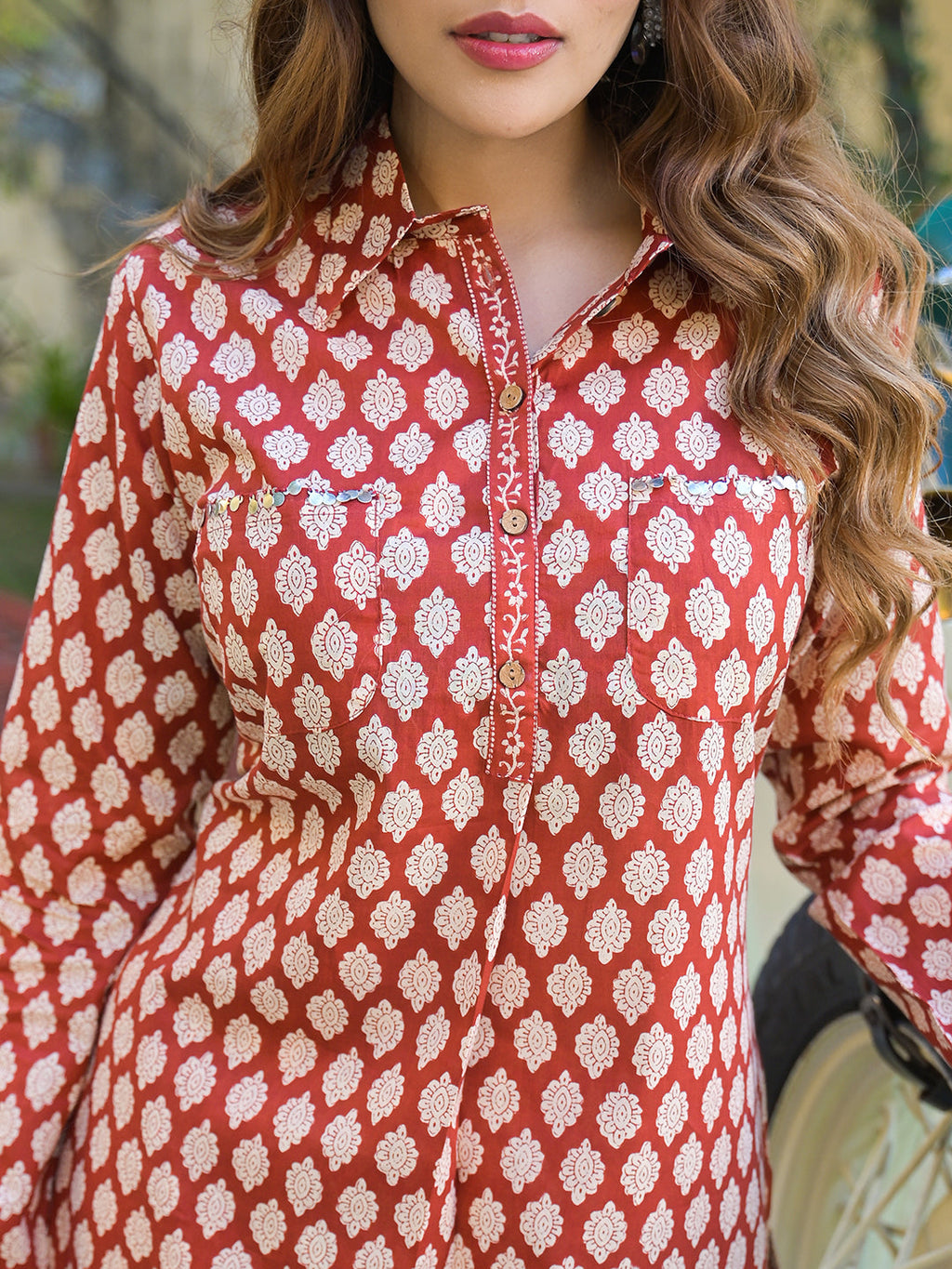 Noe Velarro Red Ethnic Printed Cotton Fabric Shirt Kurta With Trouser