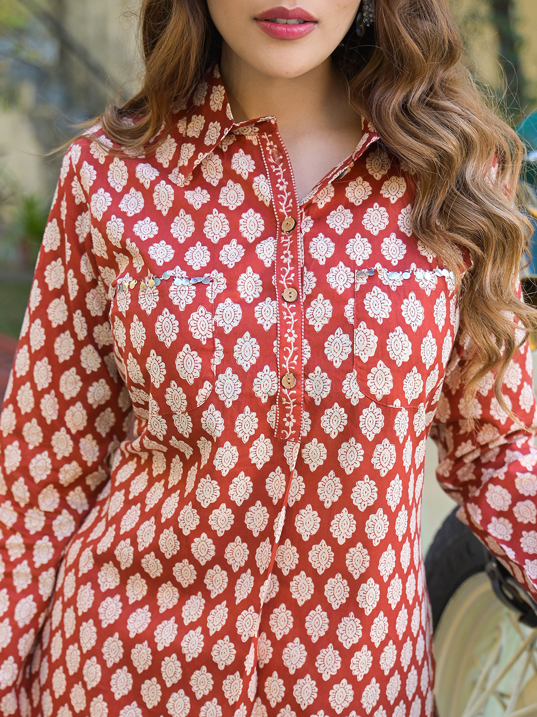 Noe Velarro Red Ethnic Printed Cotton Fabric Shirt Kurta With Trouser