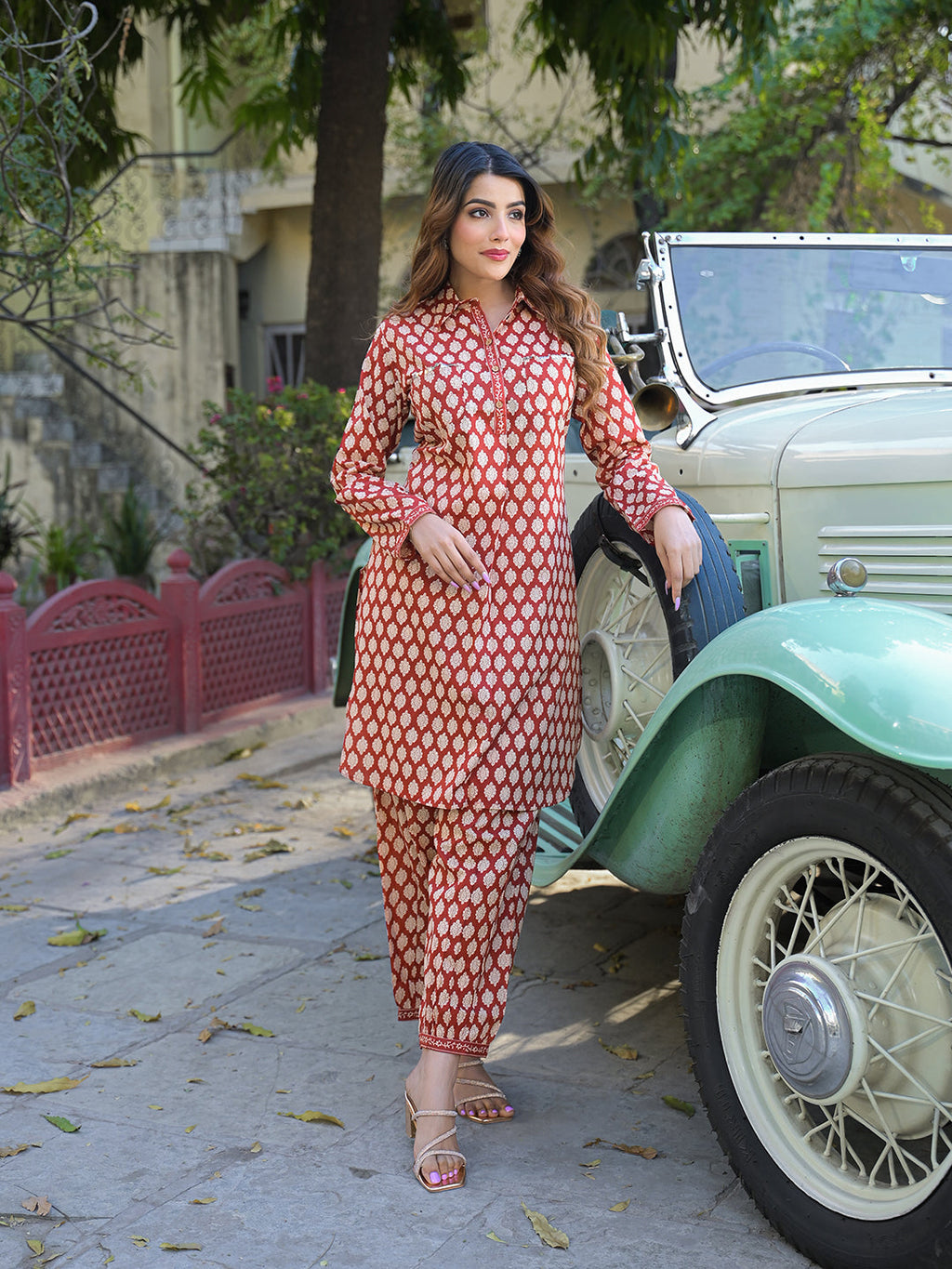 Noe Velarro Red Ethnic Printed Cotton Fabric Shirt Kurta With Trouser