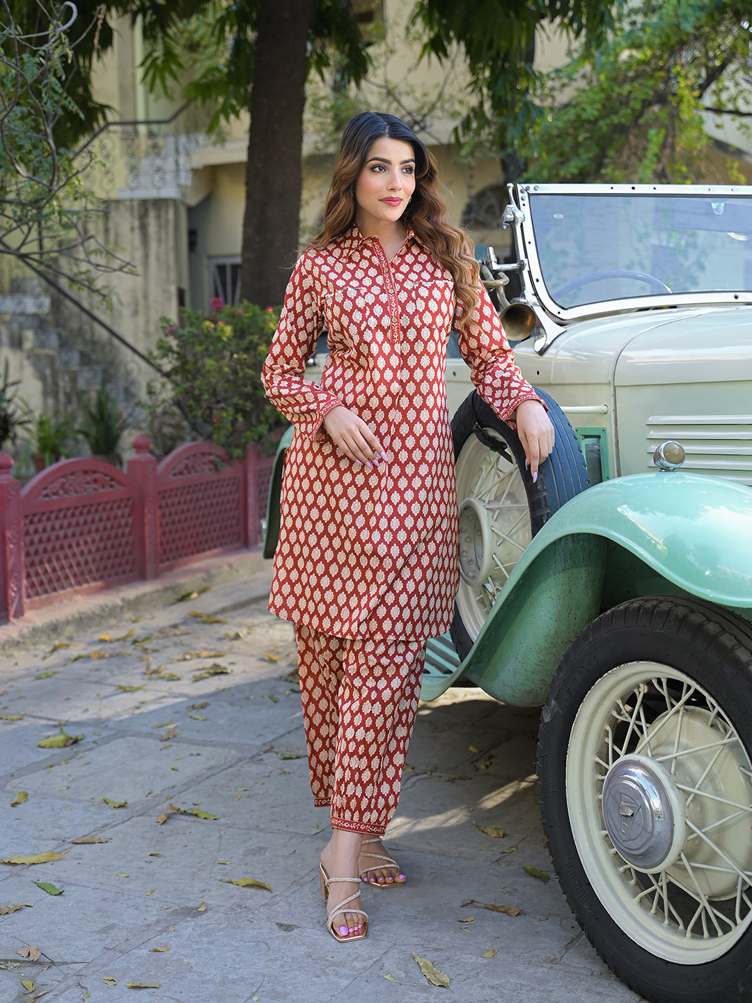 Noe Velarro Red Ethnic Printed Cotton Fabric Shirt Kurta With Trouser