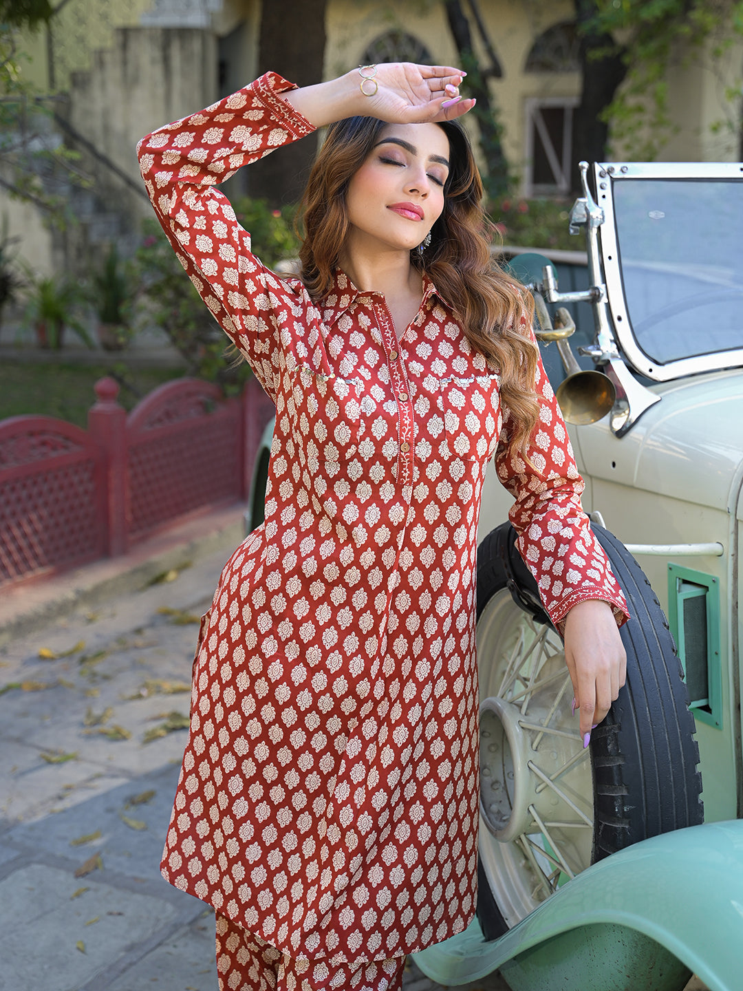 Noe Velarro Red Ethnic Printed Cotton Fabric Shirt Kurta With Trouser