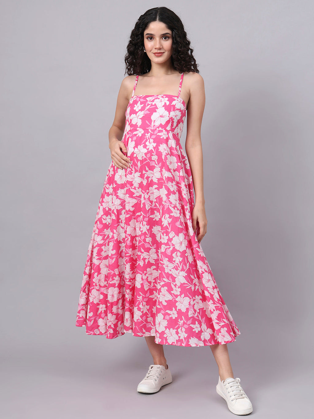 Noe Velarro Pink Floral Shoulder Straps Cotton Dress